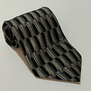Vintage 100% Silk Men's Black Grey Sage Geometric Patterned Silk Tie Classic 3.7